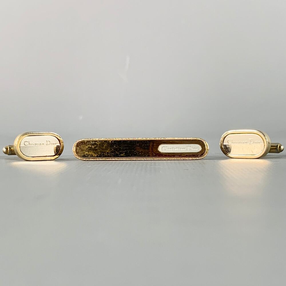 CHRISTIAN DIOR Vintage Gold Silver Logo Metal Cuff Link Tie Clip Set